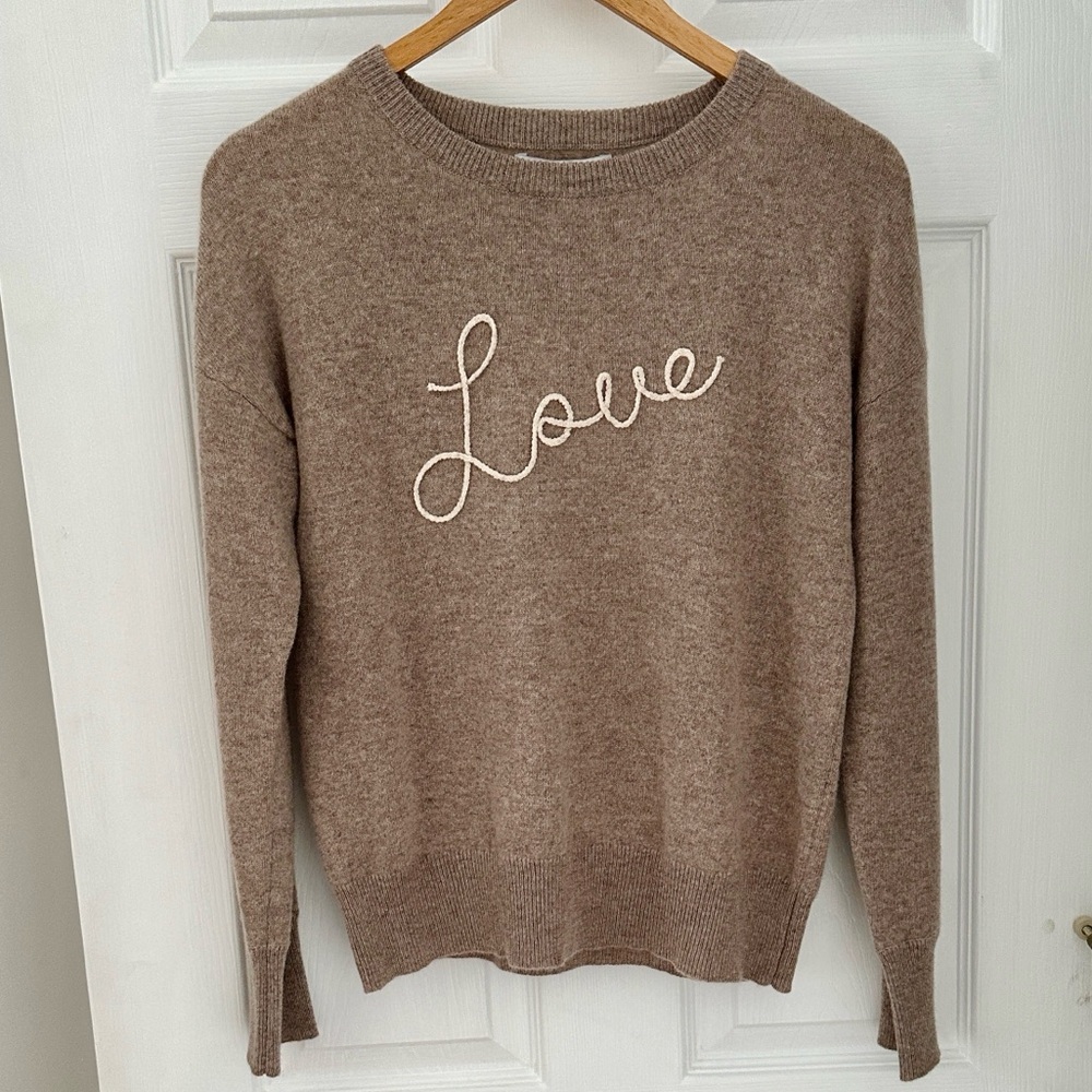NWT!! Magaschoni Brown Tan Cashmere Sweater with Love Embroidery Small